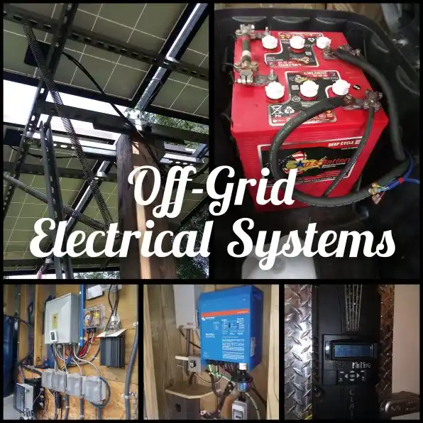 Solar panels, batteries, charge controller, inverter, breaker panel